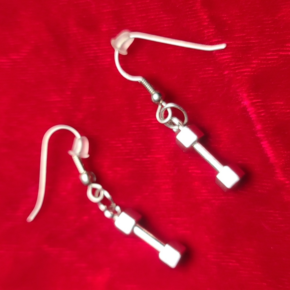 Barbell silver tone dangle Pumping Iron earrings NWT